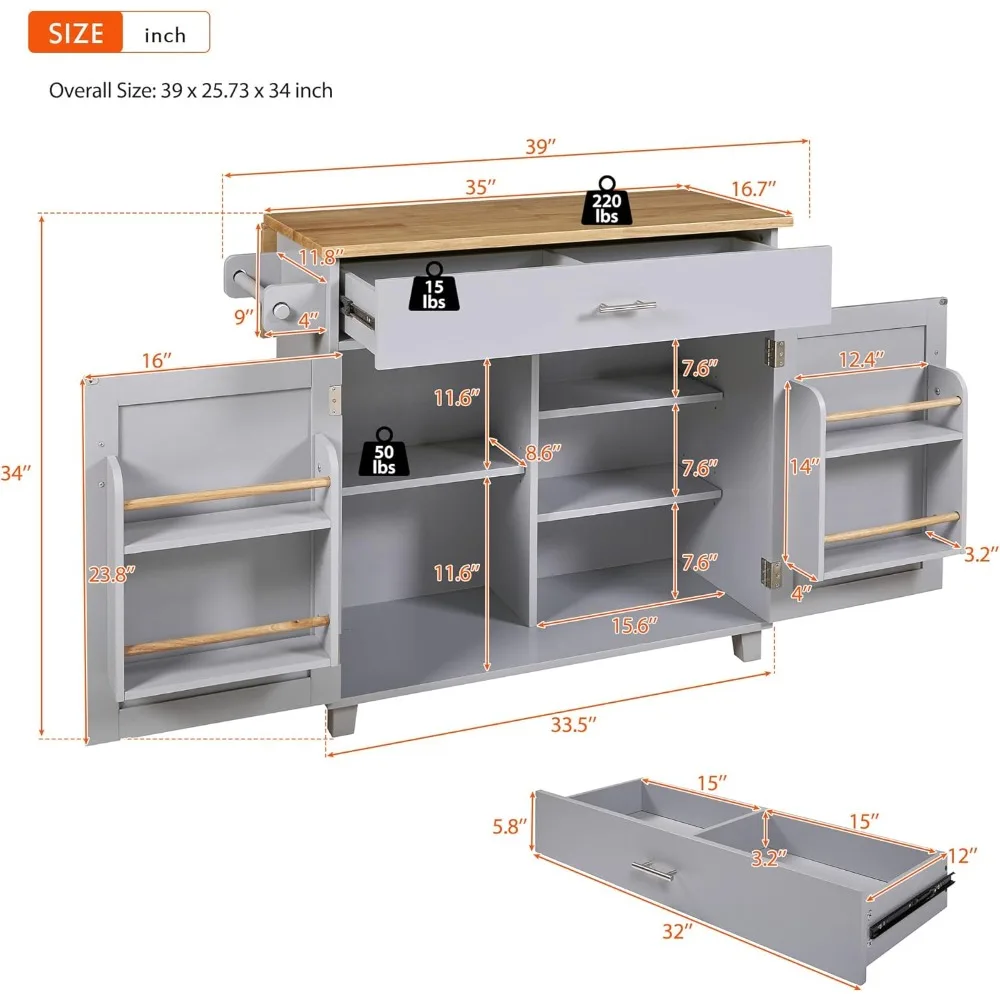Small Kitchen Island Cart, Mobile On Wheels, Drop Leaf Countertop, Internal Storage Rack And Spacious Drawer