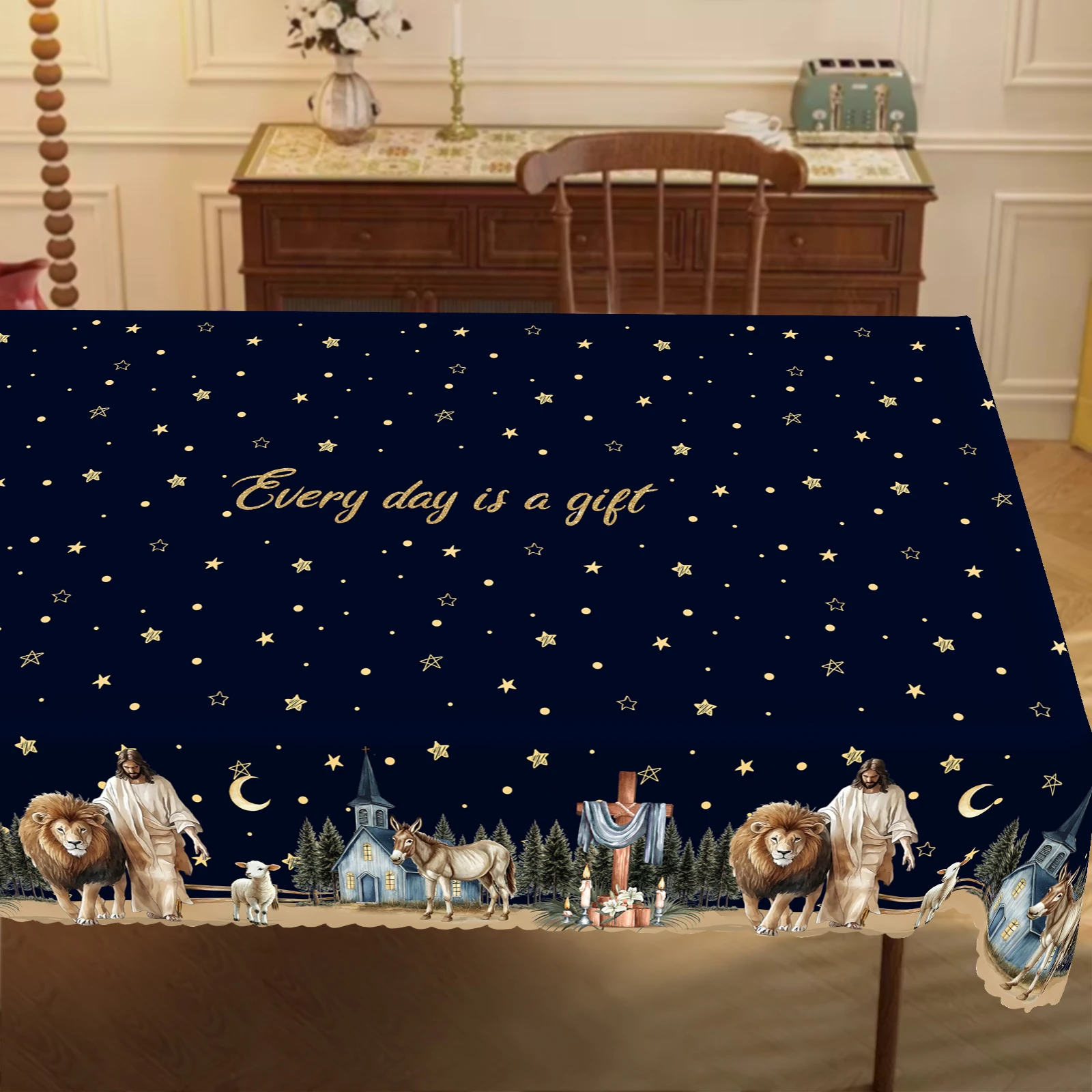 1 Piece of Elegant Jesus Starry Sky Tablecloth + 4 Self-Adhesive, Retro Lion, Lamb, Donkey and Jesus Pattern, Cross Flower Pattern, Round and Rectangular Printed Tablecloth, Embossed Edge, Durable Woven Polyester Fabric, Suitable for Home Kitchen, Outdoor Garden, Holiday Party, Restaurant and Banquet Decoration-Oo-045