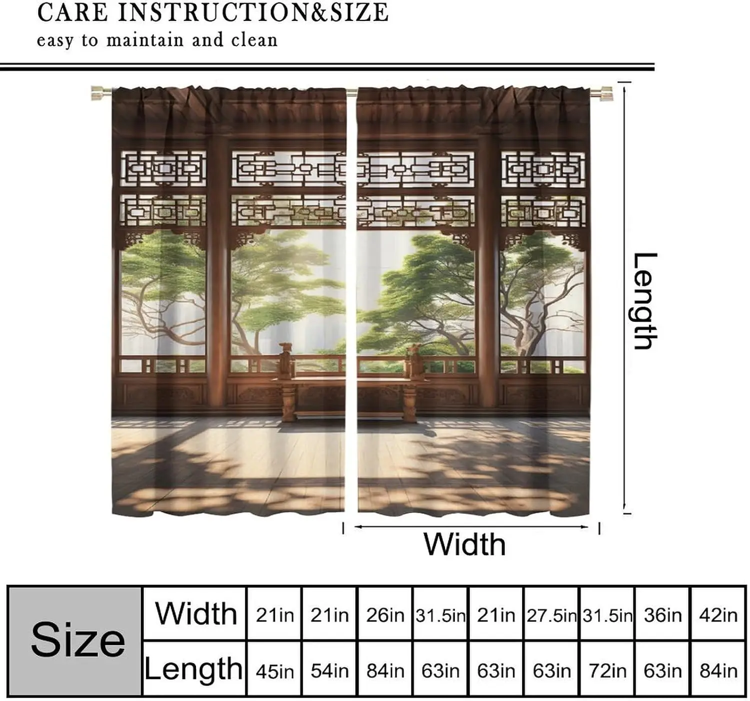 Zen Chinese Curtain Antique Wood Lattice Window Fresh Green Tree View Light Filter Drape For Living Room Bedroom Hotel Ornament