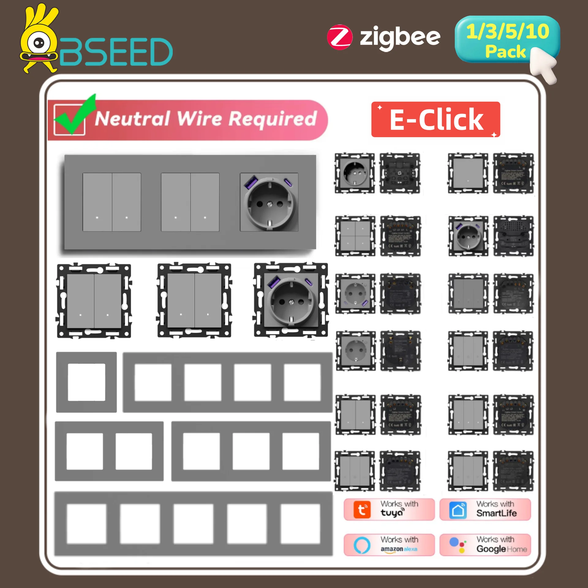 BSEED Zigbee Click Switch DIY Smart Light Switch Part Plastic Shutter Curtain Dimmer Key Wall Sockets USB Charge E-Series Grey
