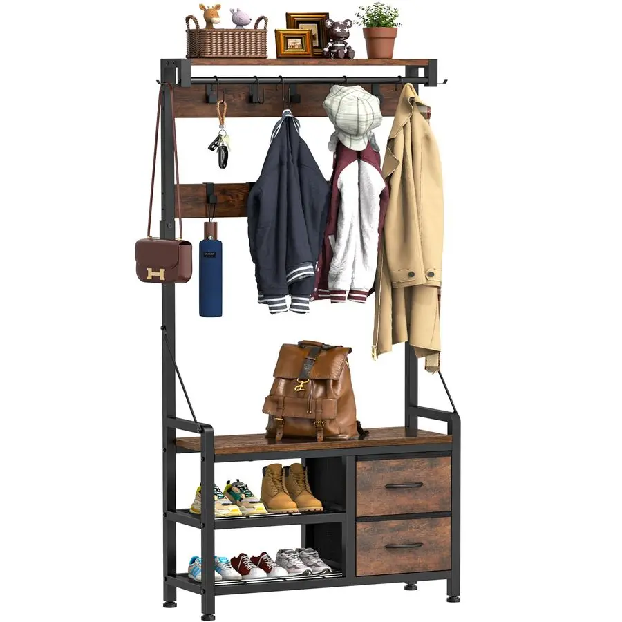 Hall Tree, 31.5 Entryway Bench with Coat Rack freestanding, 5 in 1 Intelligent Design Shoe Bench and Wall Rack 17 Hooks and Draw