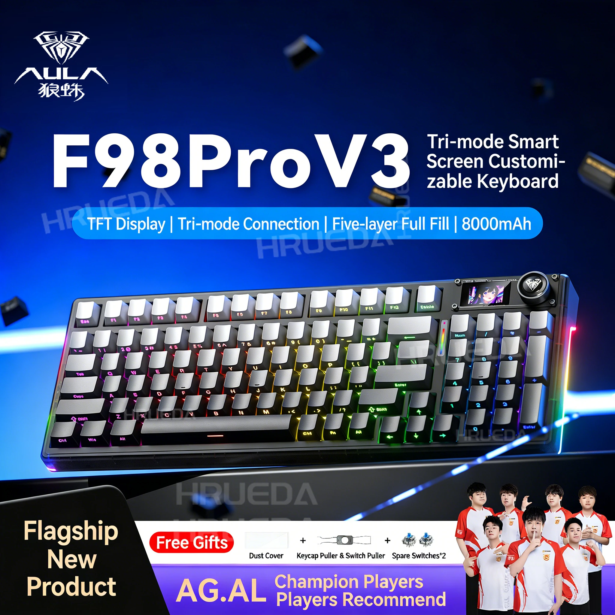 AULA F98 Pro V3 Wireless Mechanical Keyboard Tri-Mode HotSwappable RGB TFT Screen Knob 98% Compact Gaming Keyboard for PC Laptop