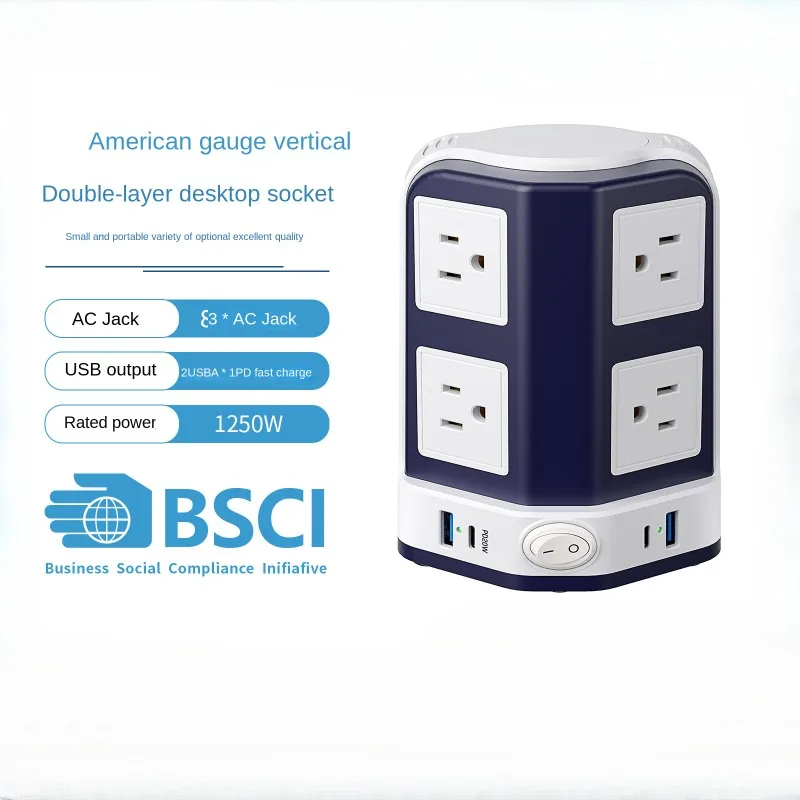 US UK Double Vertical Tower Socket One Turn Multi-function Power Strip with USB Porous Extension Power Plug-in Board 1250W Home