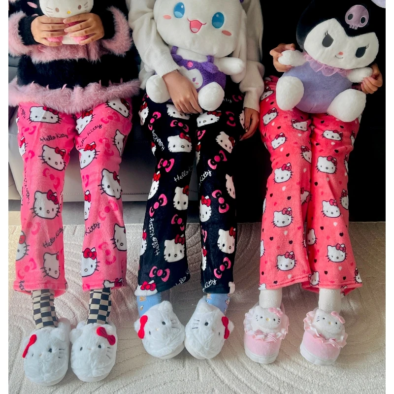 Sanrio Hello Kitty Pajamas Pants Black Pink Anime Flannel Women Warm Woolen White Christmas Loungewear Pant Autumn Gril Trousers