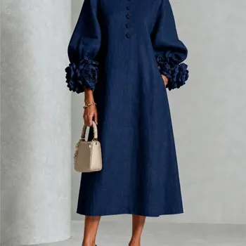 Elegant Women Linen Midi Dress O Neck 3D Floral Lantern Sleeve Button Loose Straight Long Dress Modest Casual Party Dresses 3
