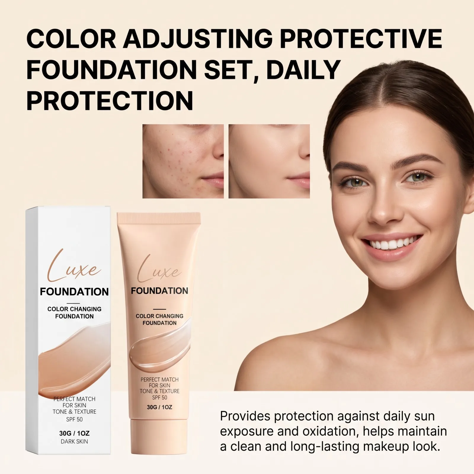 Color Changing Foundation SPF50 Self Adjusting Skin Tone Natural Coverage Conceal Blemishes Hydrating Invisible Skin Pores 30g