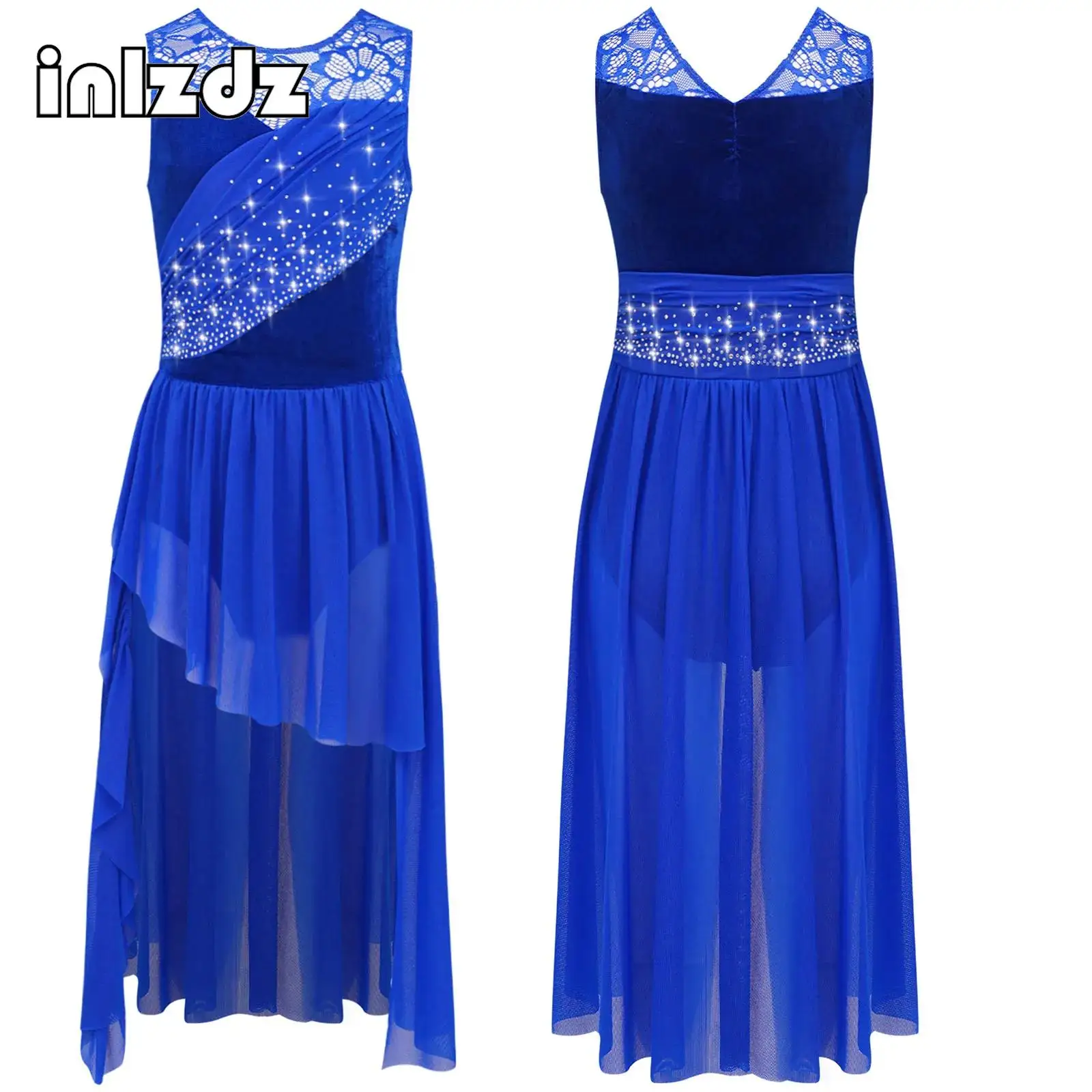 

Girls Glittery Rhinestones Lyrical Modern Dance Costume Lace Patchwork Ruched Mesh Overlay Dress for Stage Dance Class Party