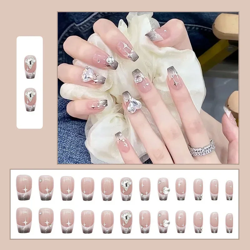 

24Pcs Super Shiny False Nails 3D Drop Diamond y2k Mid-length Coffin Ballet Fake Nails Full Finished Fake Nail Patches For Girls
