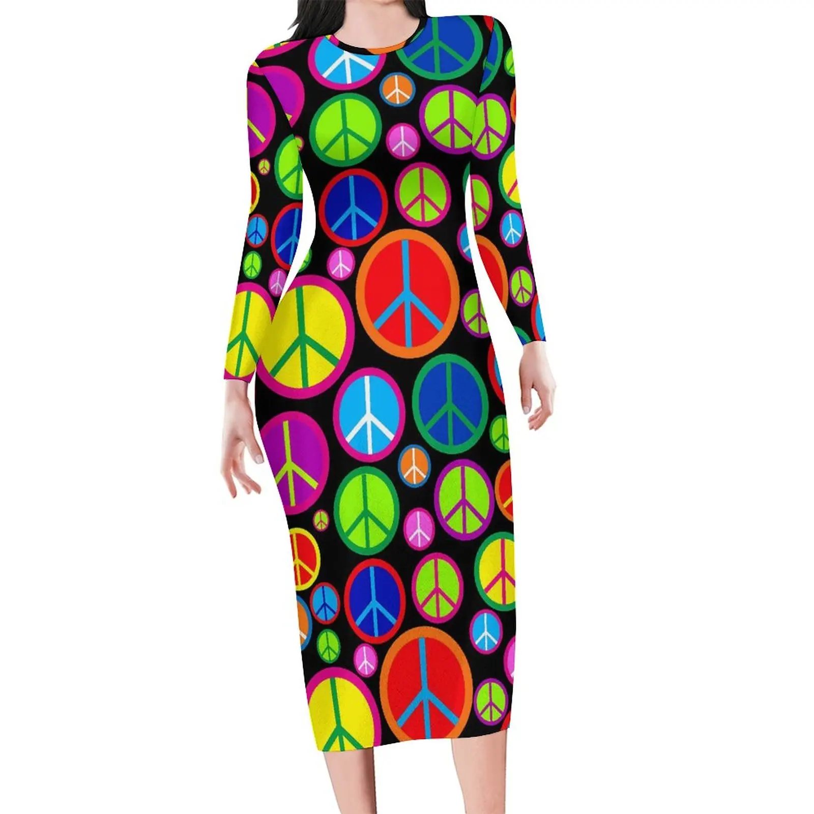 Peace Symbols Dress Long Sleeve Cool Colorful Print Streetwear Dresses Holiday Sexy Bodycon Dress Women Design Oversized Vestido