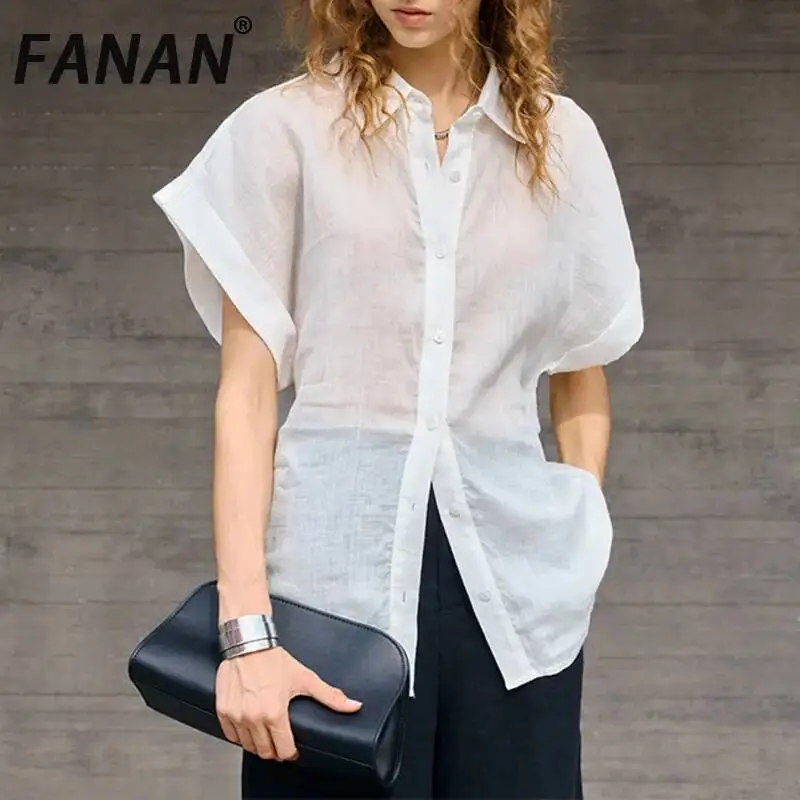 

FANAN 100% Linen Shirt Sleeve Shirts For Women Lapel Single Breasted Korean Style Sunscreen Loose Blouses Female Tops Summer New