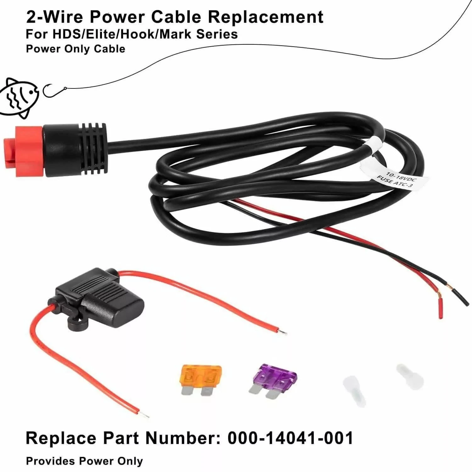 HDS/Elite/Hook Power Cable 000-14041-001 Replacement, 3 Foot, 2-Wire Power for HDS, Elite FS, Elite Ti2 Hook, Mark Only Boat Kit