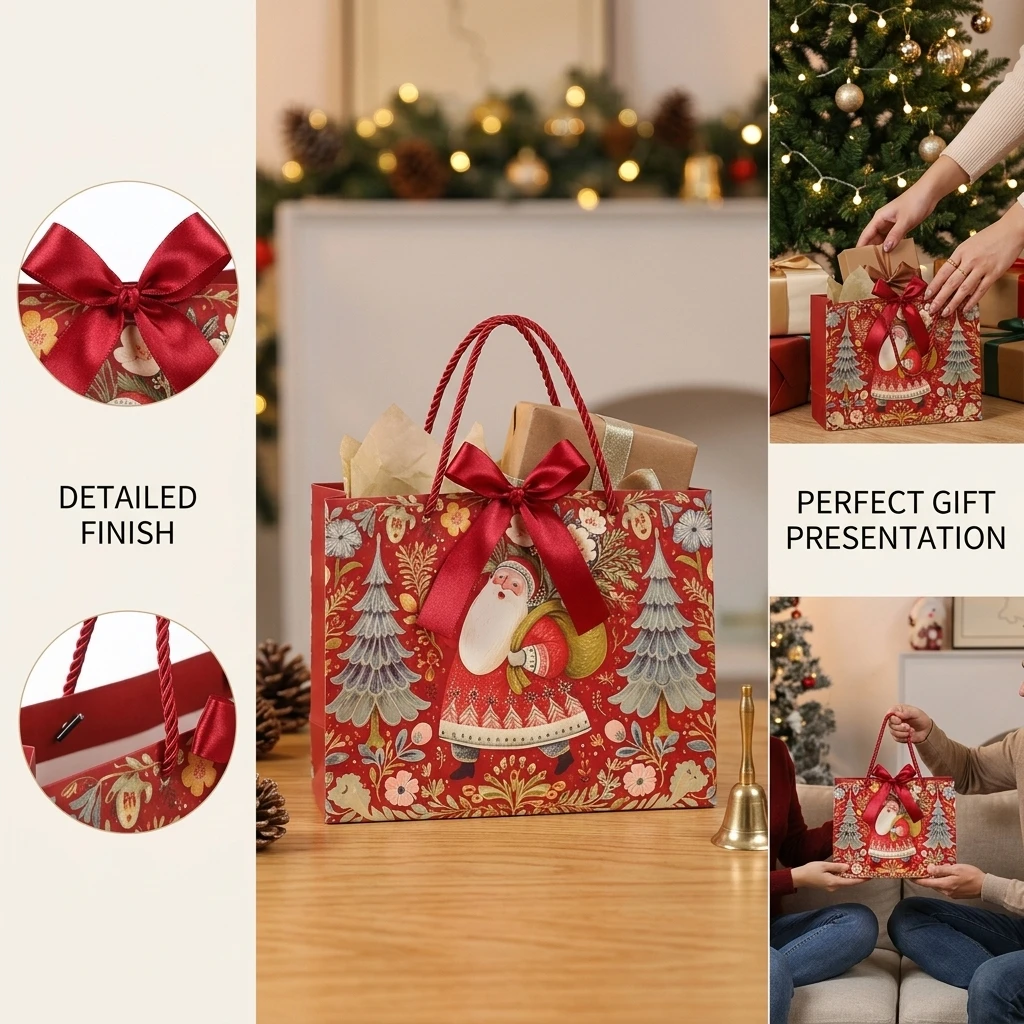 Christmas Printed Paper Gift Bags With Satin Ribbon Handles Santa Claus Xmas Tree Handheld Shopping Bag For Holiday Party Favors