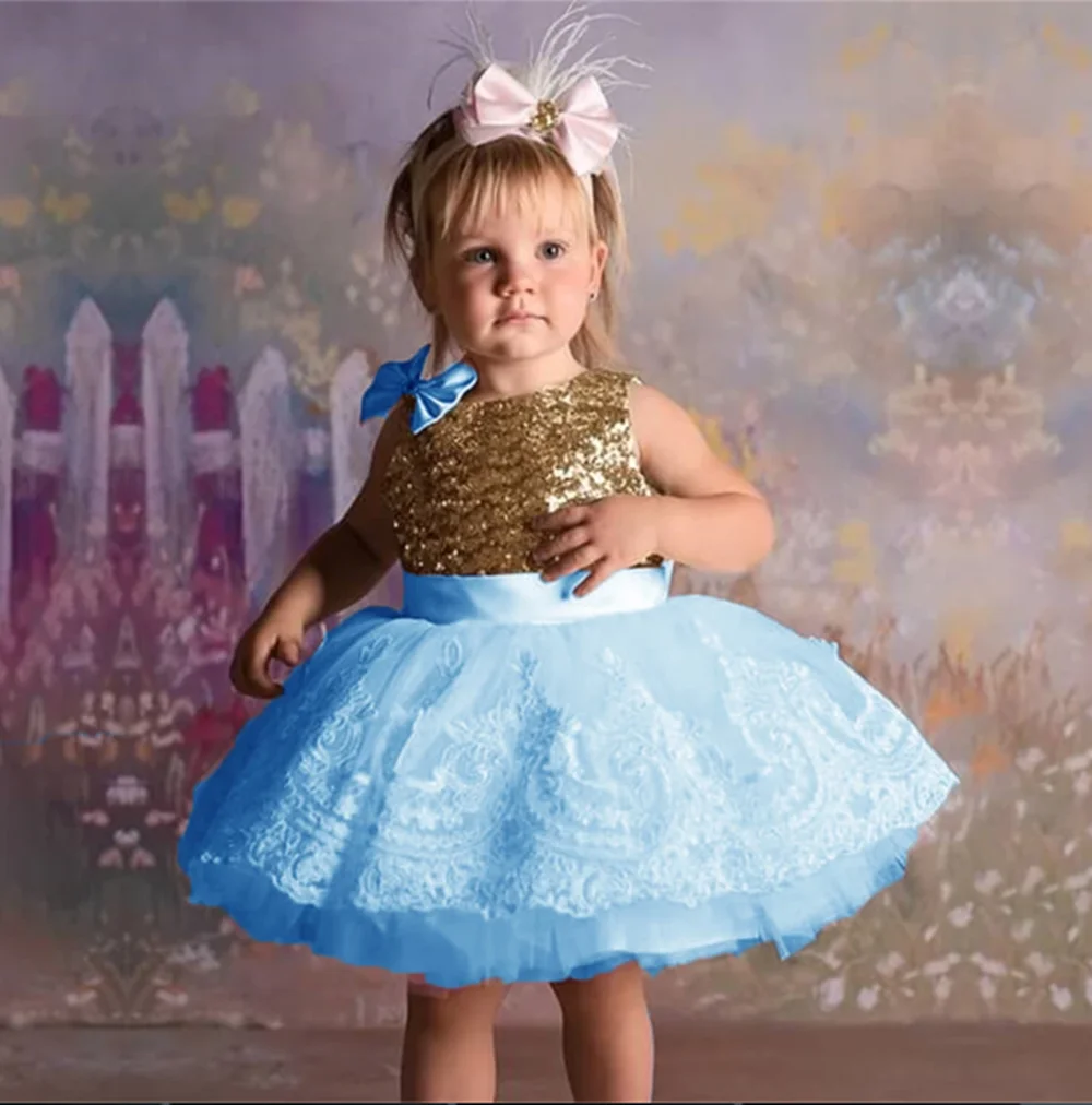 

Shiny Lace Applique Princess Formal Elegant Wedding Party Flower Girl Dress Sleeveless Sequined Knee Length First Communion Gown