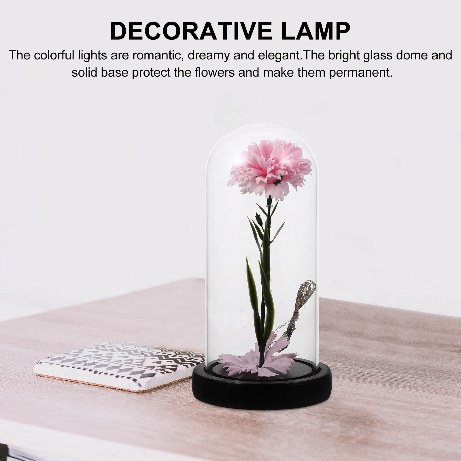 

1Pcs Simulated Carnation Lamp Glass Shade Flower Lamp Romantic LED Night Light Decorative Glass Dome Flower Light Mother's Day