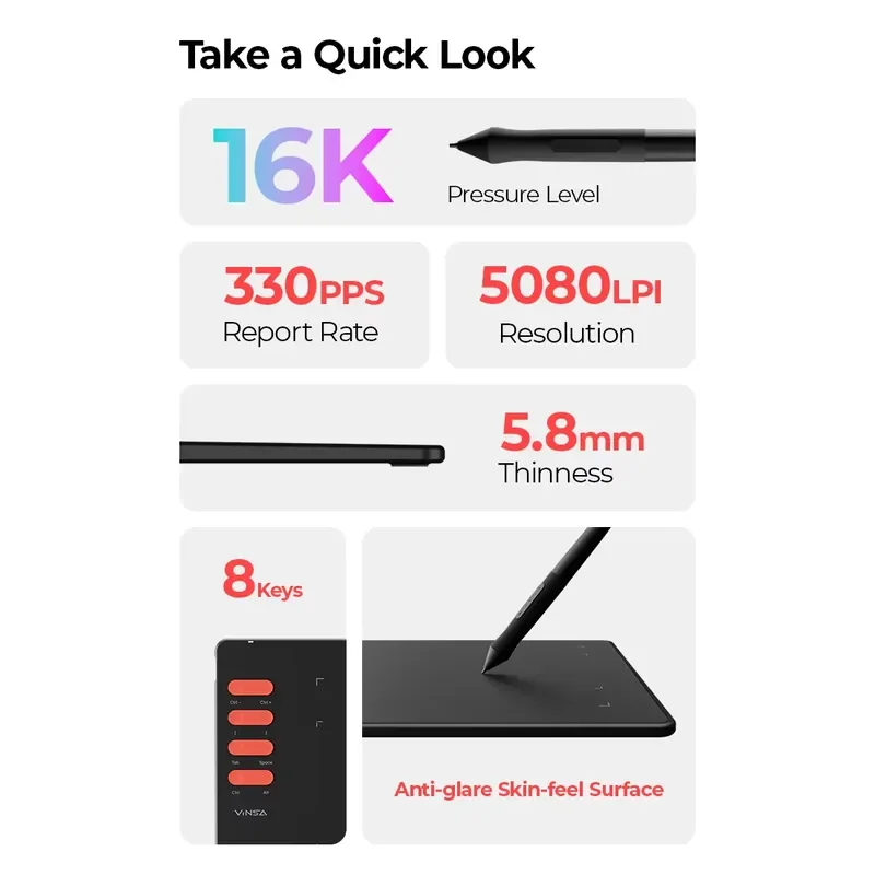 BOLRZO VINSA T505 Pro professional grade 16384 drawing board for artists, students, teachers, influencers