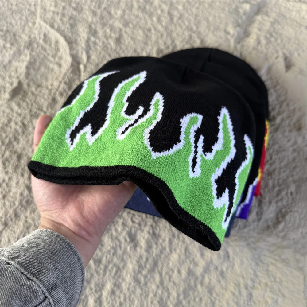 High Quality American Style Streetwear Flame Pattern Beanie 100%Cotton Casual Knitting Cap Outdoor Daily Hat For Men Women