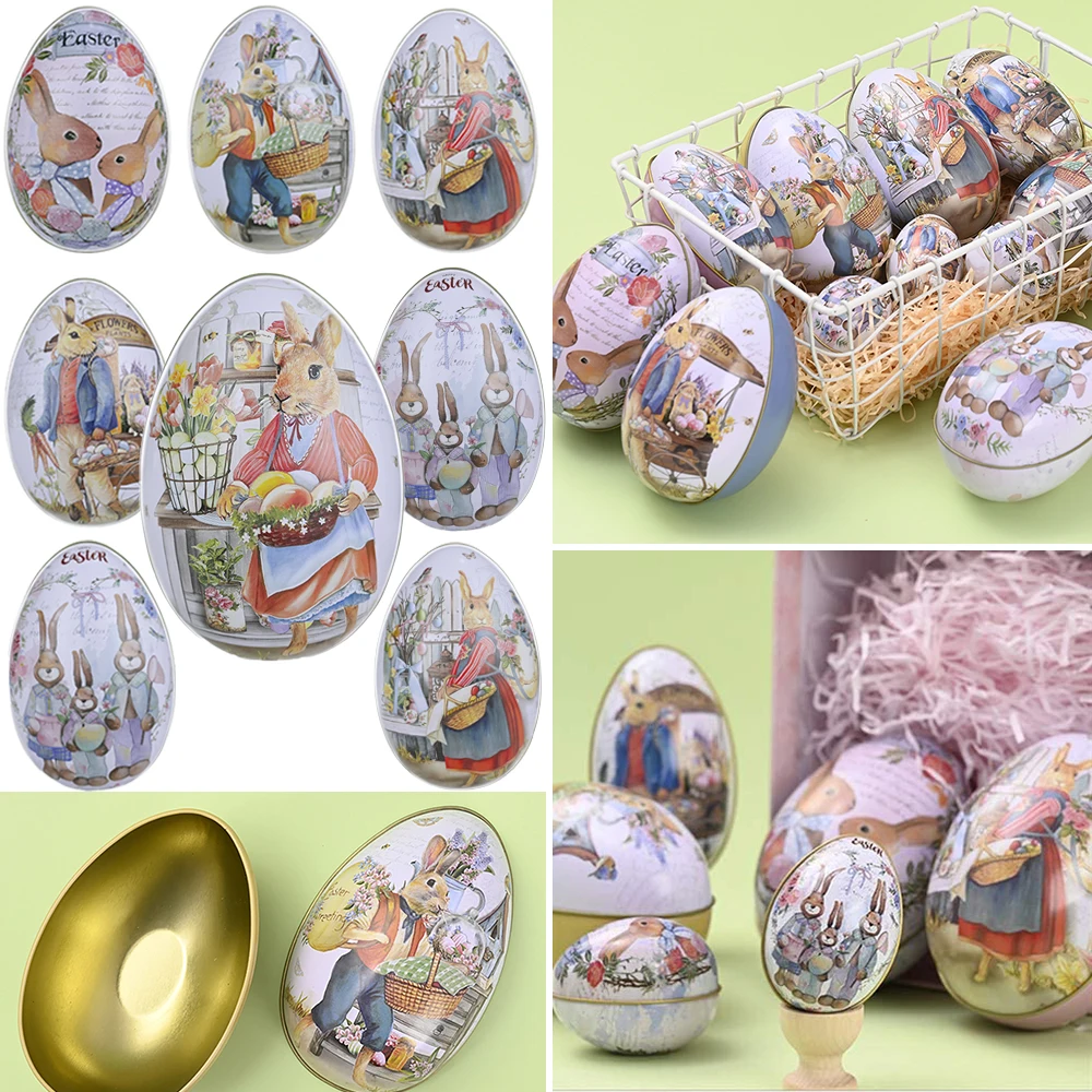 

3/6pcs Easter Egg Shaped Tin Candy Box Vintage Rabbit Bunny Printed Metal Eggshell Cookies Container Easter Party Gift Favor Toy