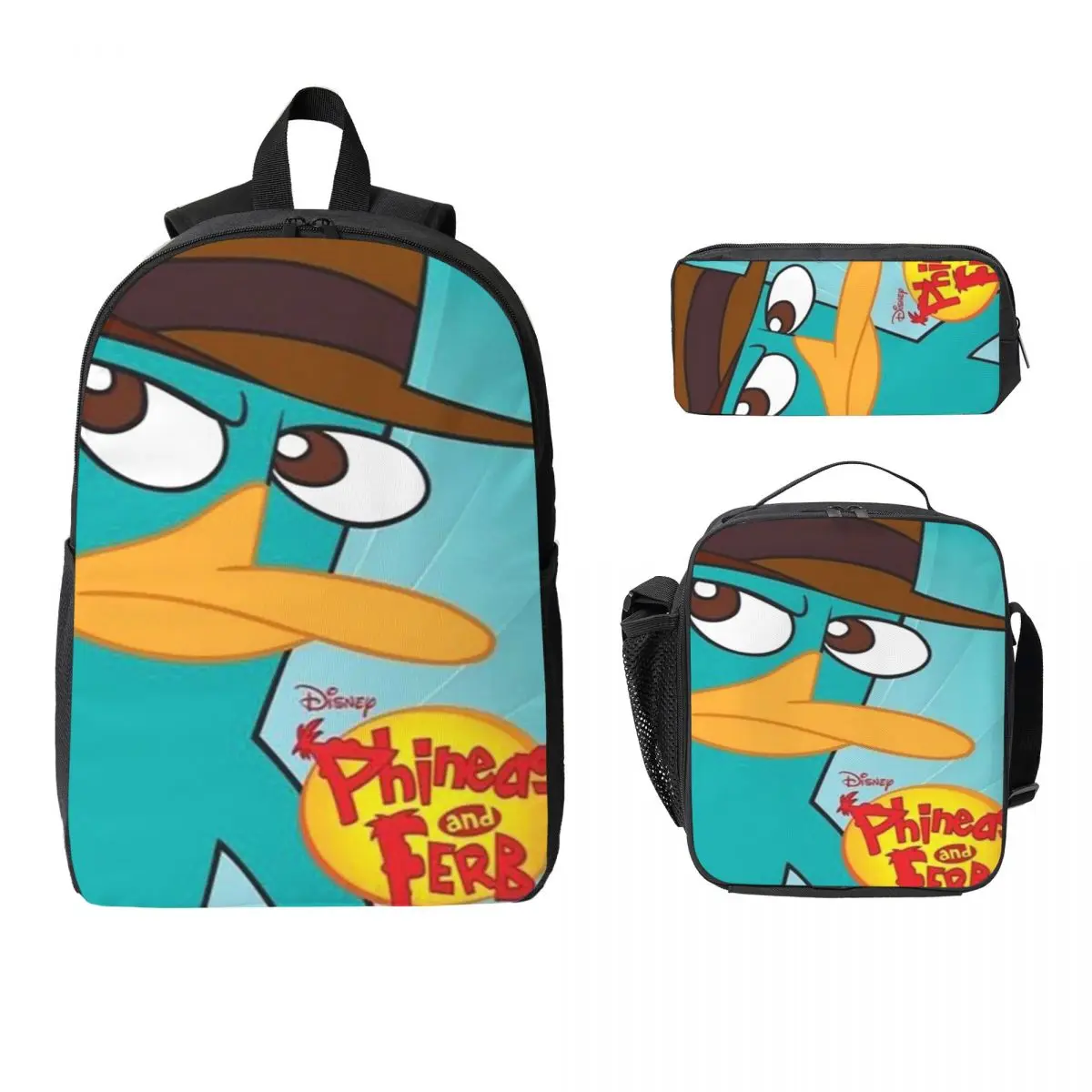 

Рюкзак Perry The Platypus с героями мультфильмов, студенческий рюкзак для мальчиков и девочек, школьная сумка, сумки на плечо для ноутбука, 3 шт., изолированная сумка для обеда, пенал