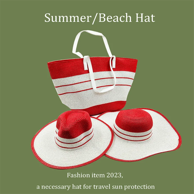 Three-piece straw hat New summer dome beach hat Women's hat Straw bag sun hat Color matching jazz adult hat кепкамужския