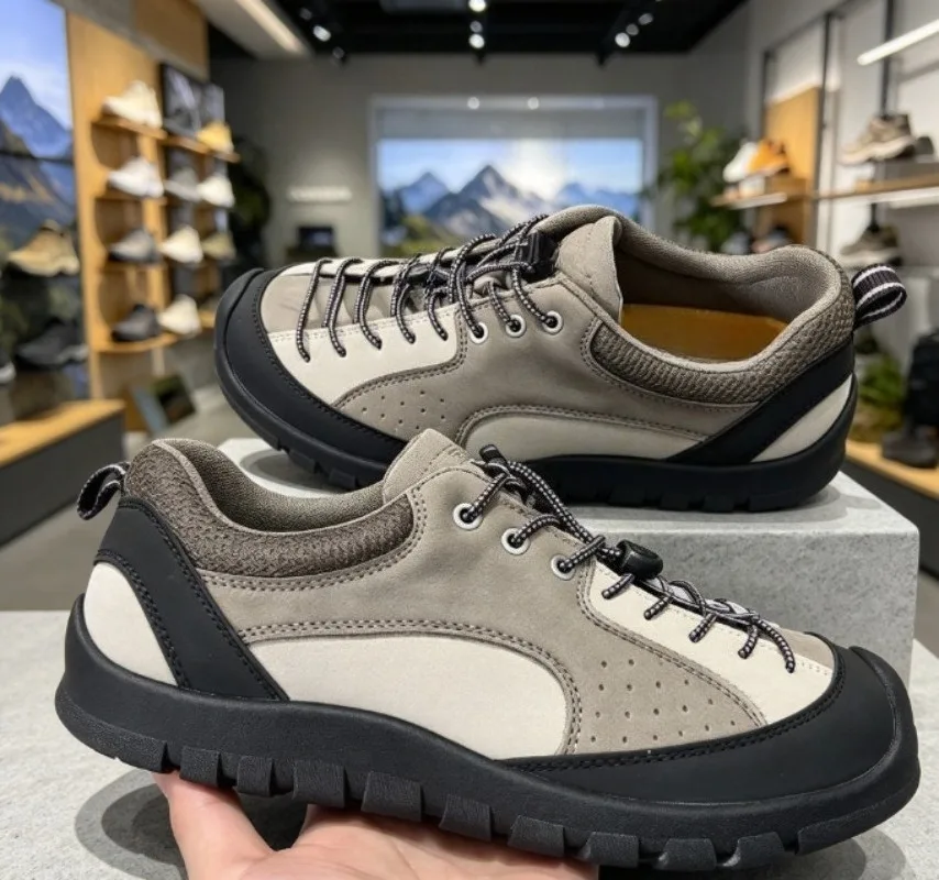 Premium genuine leather low-top outdoor hiking casual shoes for couples, plus size rubber sole elastic band comfort.