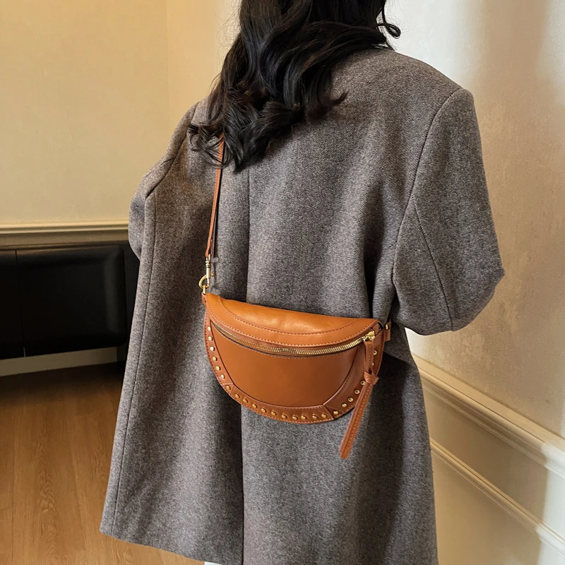 

New Women Vintage Riveter Retro Solid Color High Quality Dumpling Shoulder Underarm Bag PU Leather Wide Strap Crossbody Bag