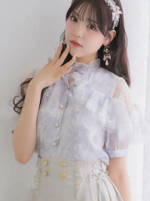Lolita Sweet Lace Trim Shirt Women's Summer New Design Short Sleeve Top  Style Polyester Material Wicking Wrinkle Resistant
