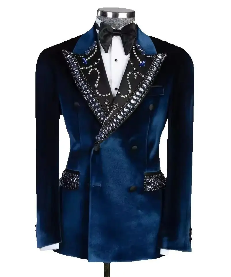 

Peak Lapel Velvet Luxury Men's Blazer with Crystal Formal Party Special Occasion Men Jacket Double Breasted GroomTuxedo