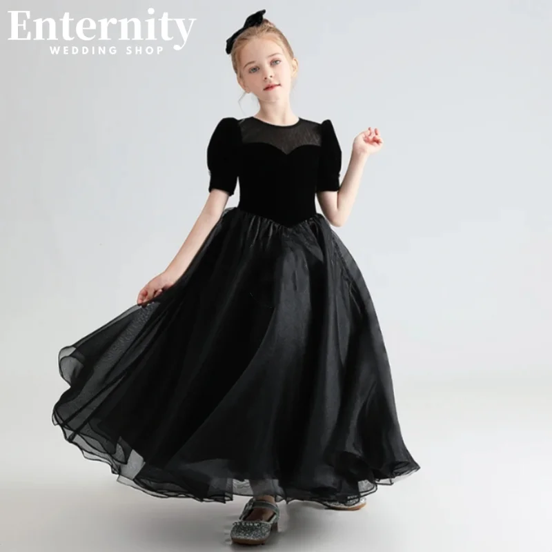 Veludo Tulle Vestidos dama de honra, mangas puff, Girls Birthday Party Gown, Black Concert