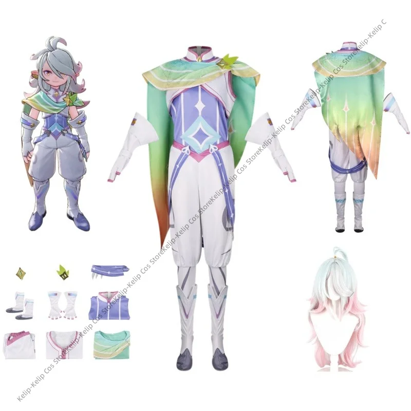 Disfraces de cosplay Roco Iris con peluca, vestido de hada arcoíris, conjunto de pelo largo rosa y morado de ensueño para mujer, fiesta de carnaval