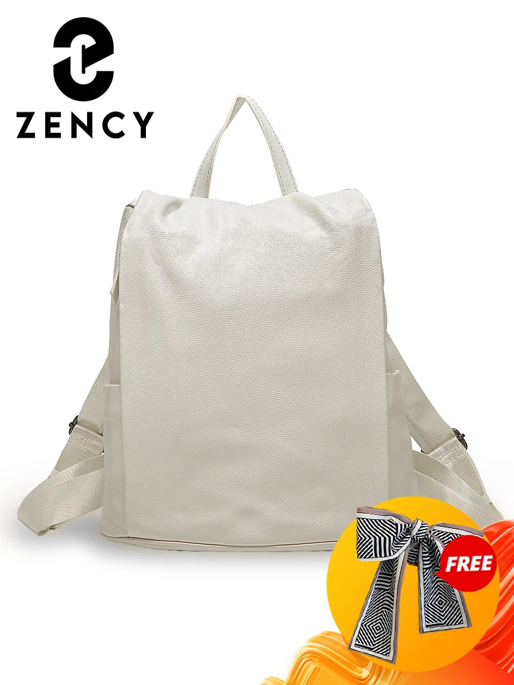 Zency Pure White Backpack for Women 100% Genuine Leather Travel Bag Fashion Anti Theft Fall Winter Knapsack for Walking Travel