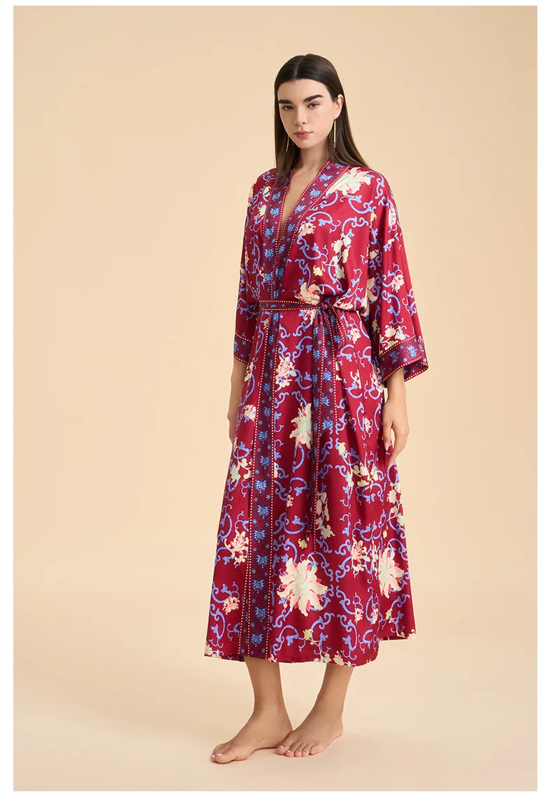 

Female Long Robe Print Floral Kimono Bathrobe Silky Satin Sleepwear Loose Casual Loungewear Negligee Pajama