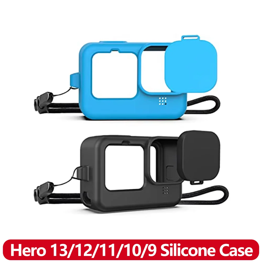 Hero 13/12/11/10/9 Silikonowe etui ochronne odporne na upadki z pokrywką obiektywu ze smyczą do kamery sportowej GoPro 13 12 11 10 9 Black