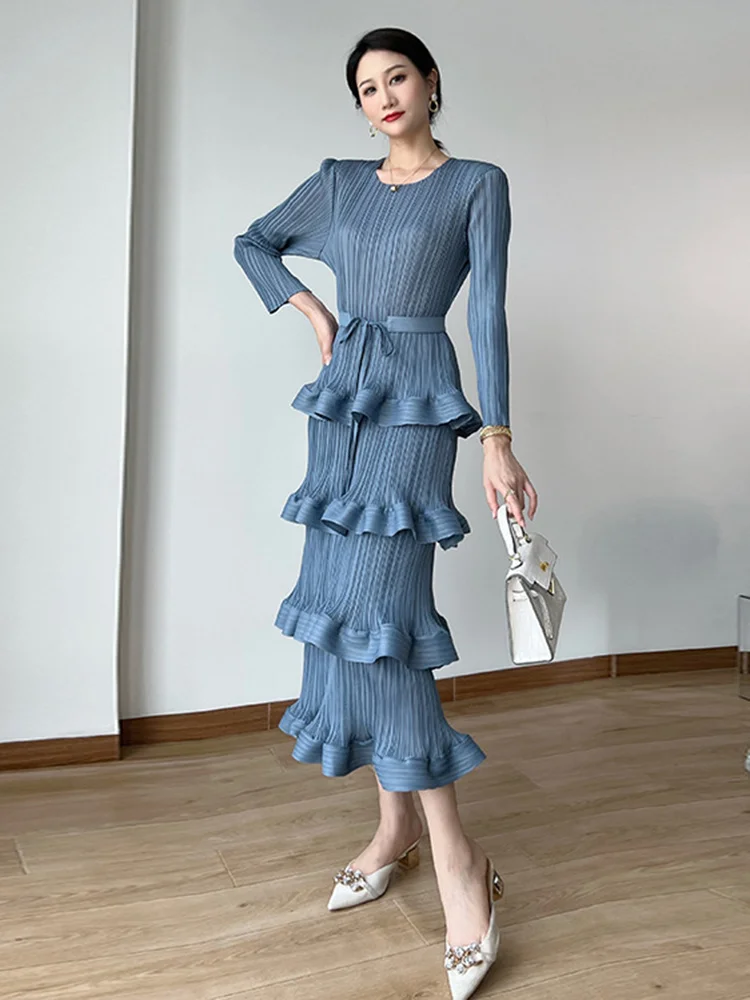 

Long Pleated Dress Women Round Neck Solid Color Ruffles Cake Belt Dresses Multi-layer Female Elegant Clothing H360