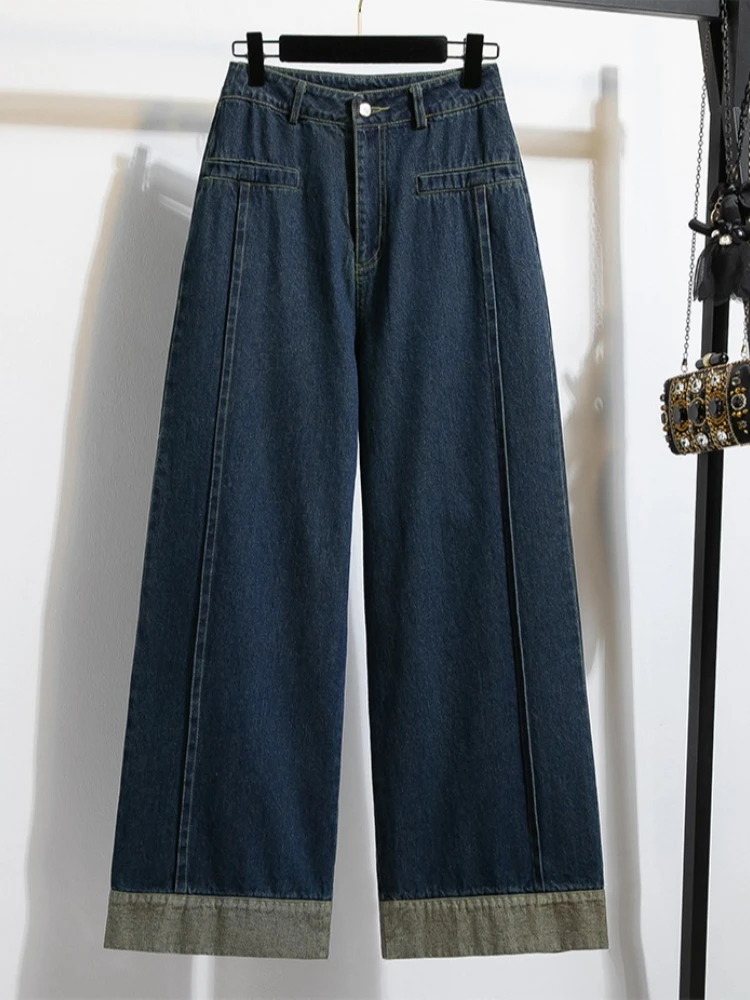 Autumn Winter Vintage Dark Blue Roll‑Up Hem Wide Leg Women Jeans High Waist Loose Straight Denim Pants Casual Versatile Trousers