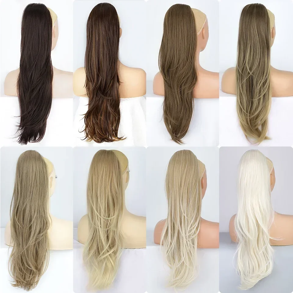 Sintético longo ondulado Ombre Ponytail extensões para mulheres, Drawstring cabelo reto, resistente ao calor