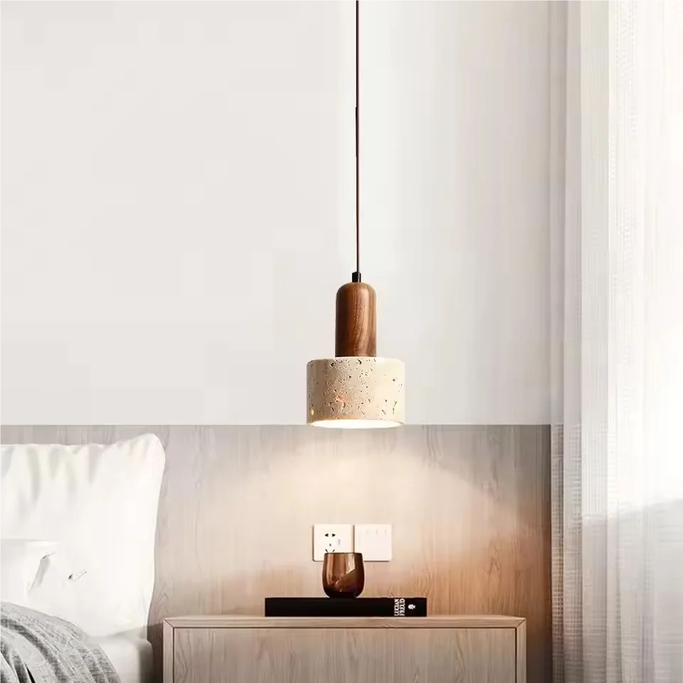 LED E27 Stone Pendant Lamp Wood Hanging Light for Bedroom Bedside Light Dining Table Small Light Home Decoration