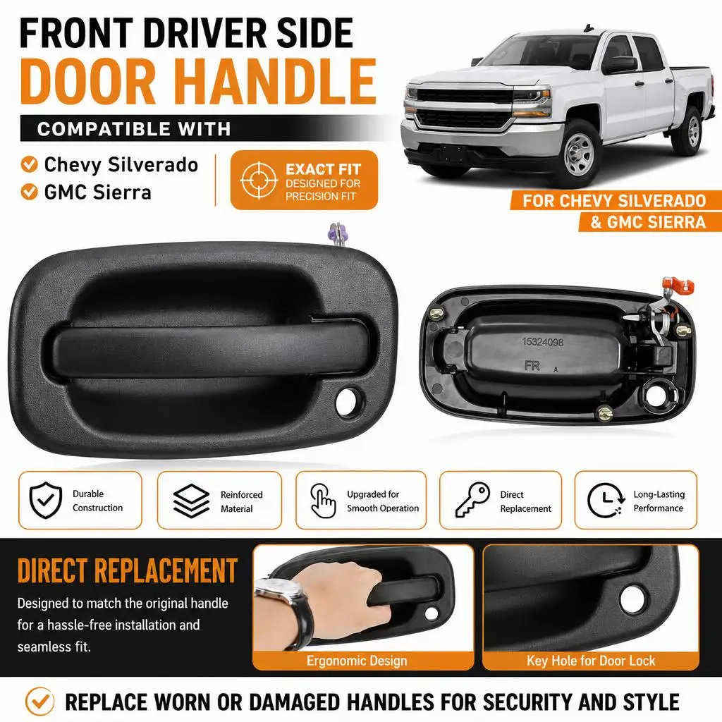 For Chevy Silverado GMC Front Left Exterior Door Handle Black Replacement Plastic Vehicle Door Handle 15034985 GM1310129