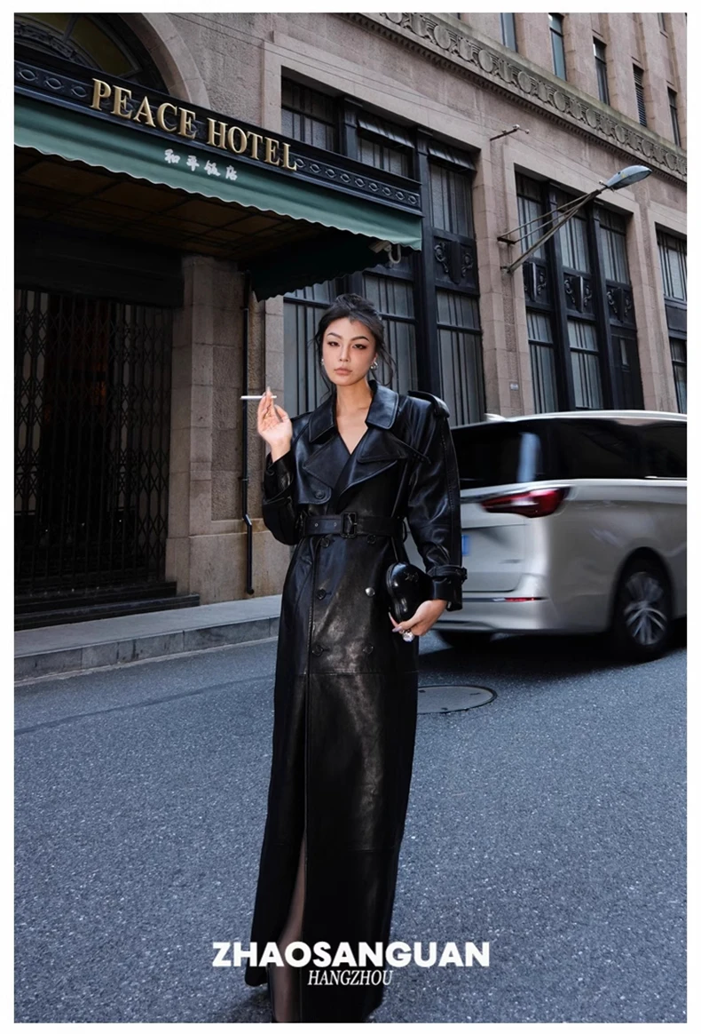Lautaro Spring Autumn Cool Extra Long Black Loose Pu Leather Trench Coat for Women with Shoulder Pads Belt European Fashion 2024