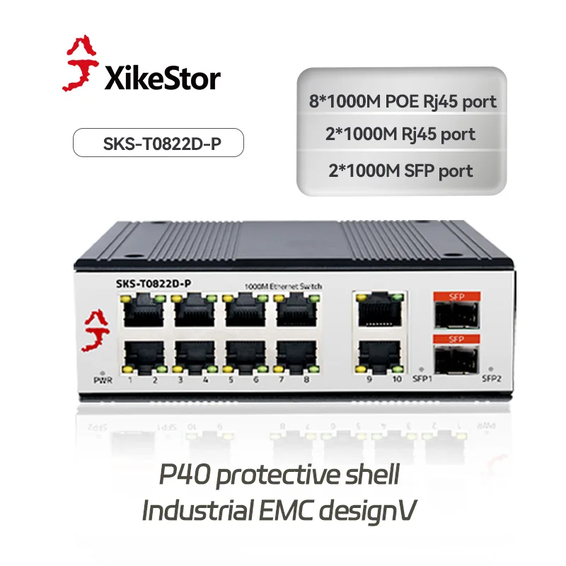 

12-портовый гигабитный коммутатор PoE с 8 PoE, 2x RJ45, 2x SFP — неуправляемый, постоянный ток 44–55 В, класс IP40
