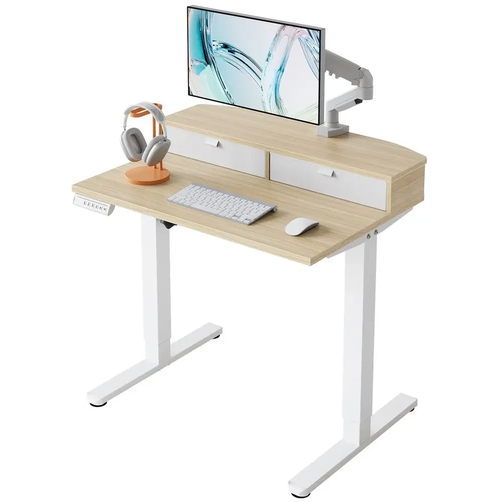 32 x 21 inch small electric standing desk with 2 drawers, compatible with C-light rack, adjustable height, home desk