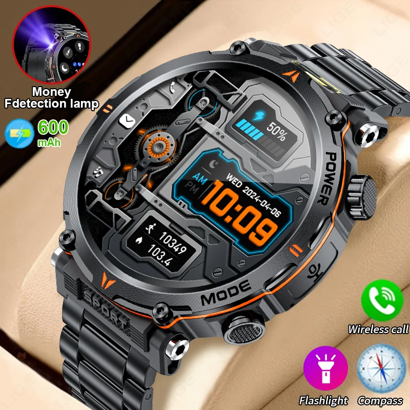 

LIGE 2024 New Men Smart Watch UV Flashlight 600mAh Large Battery Compass Outdoor Waterproof Sport Watch Wireless Call Smartwatch