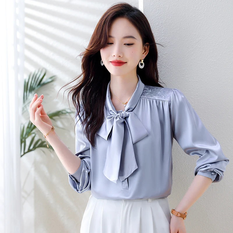 Fashion Long Sleeve Bow Collar Women Blouse Bow Black White Chiffon Blouse Shirt Women Tops Blusas Para Mujer Blusa Shirts H398