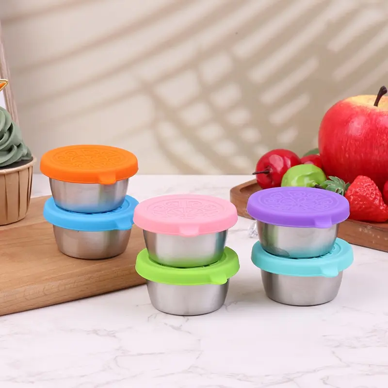 50ml Stainless Steel Small Sauce Cups with Silicone Lid Seasoning Box Snack Dipping Dish Condiment Containers Kitchen Tools