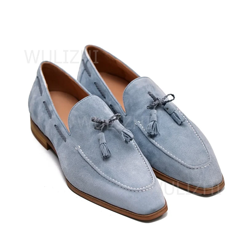 

Light Blue Short Suede Leather Loafers Men Square Flats Weddings Banquets Brown Tassel Elastic Slip Business Casual Spring Shoes