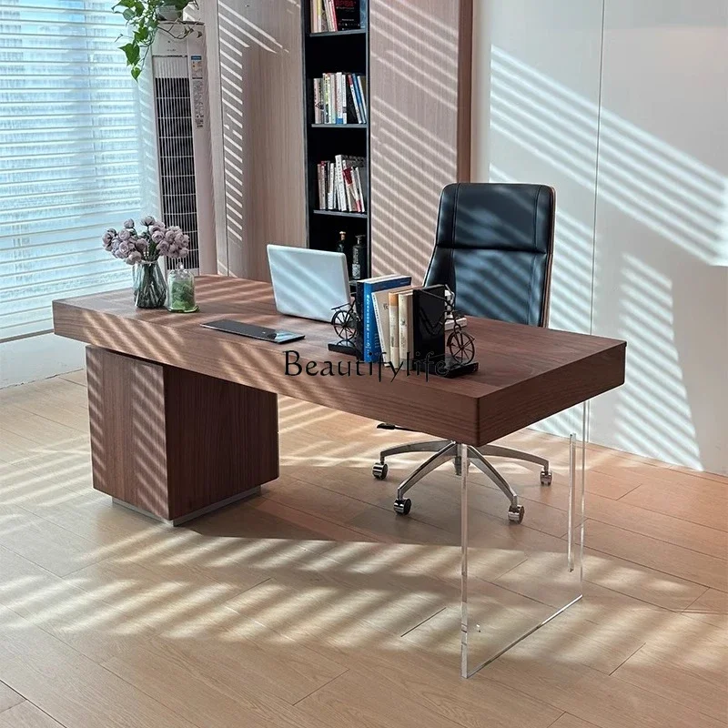 

*Italian minimalist antique solid wood desk walnut color light luxury modern home