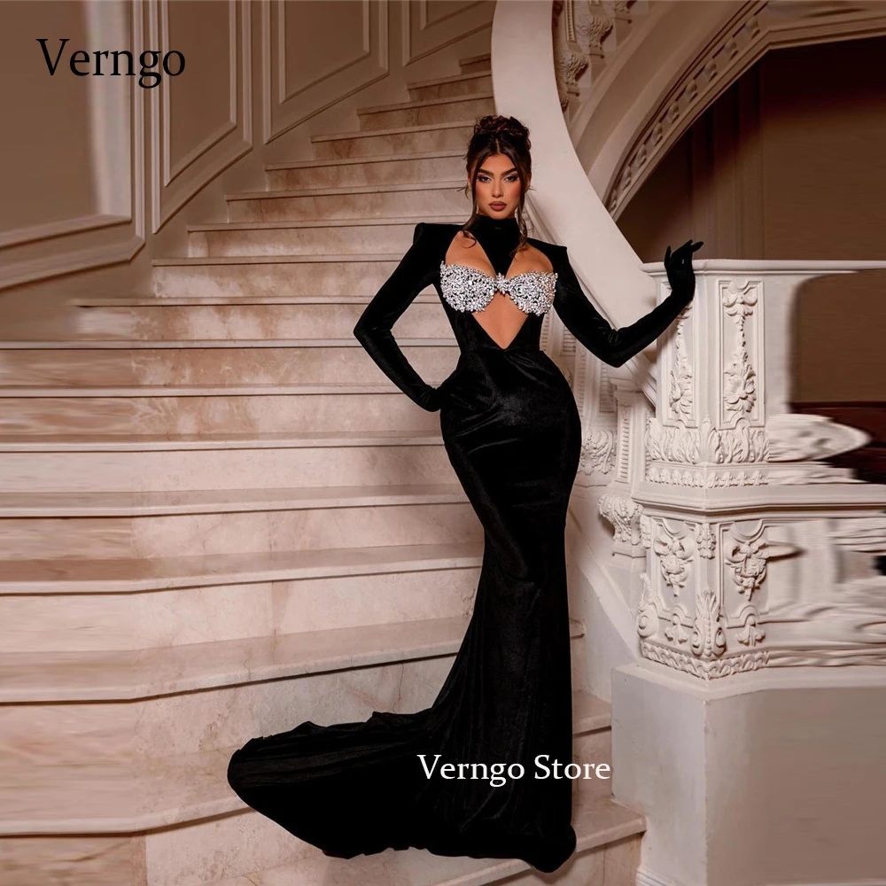 Verngo Modern Black Velvet High Neck Evening Dresses Long Sleeves Gloves Cut-Out Crystal Bra Sexy Dubai Sexy Prom Gowns Party