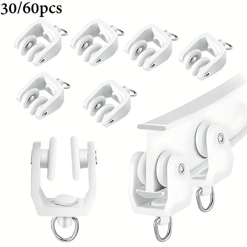 30/60pcs Curtain Track Rollers, Silent Plastic Curtain Sliding Wheels with Hooks