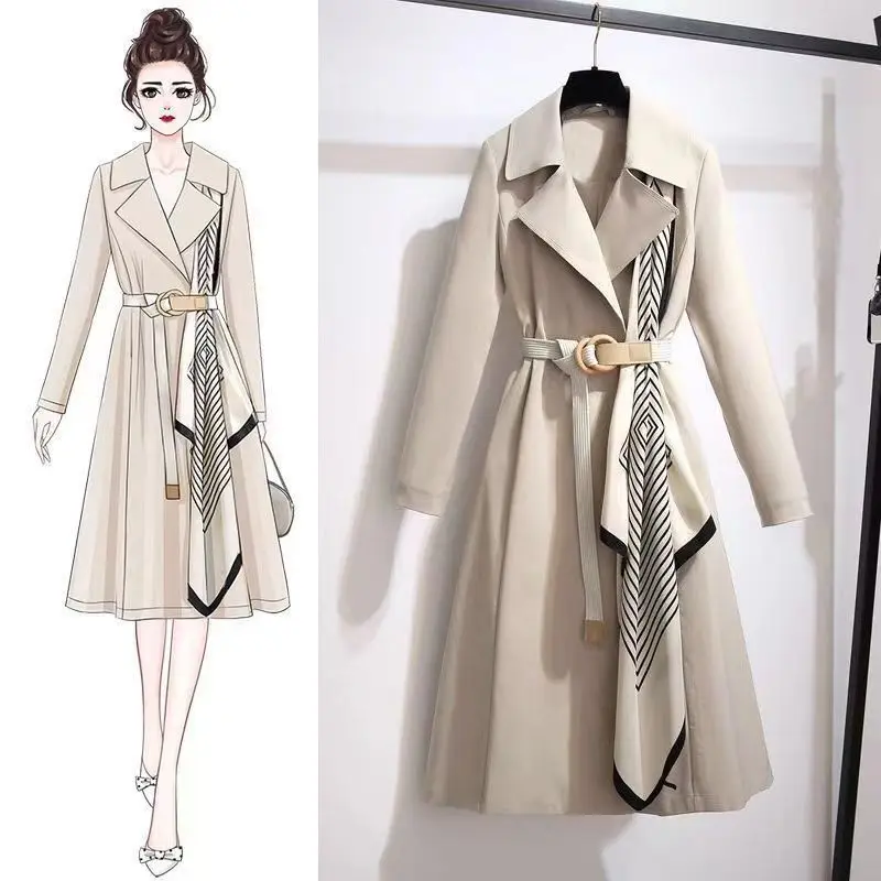 Women Trench Coat Jacket Mid Length Turn Down Collar Adjustable Waist Office Lady Overcoat 2025 Autumn Outerwear Windbreaker