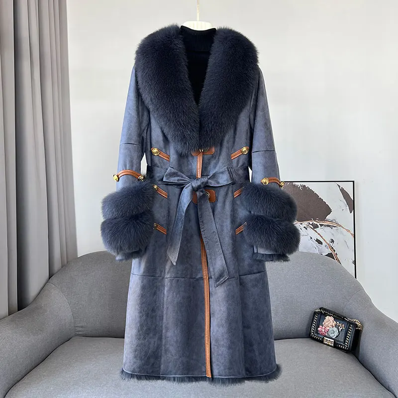 2022 New Genuine Leather Coat Long with Fox Fur Collar Cuffs Double Face Rabbit Fur Clothing Overcoat Winter Warm Luxury Button