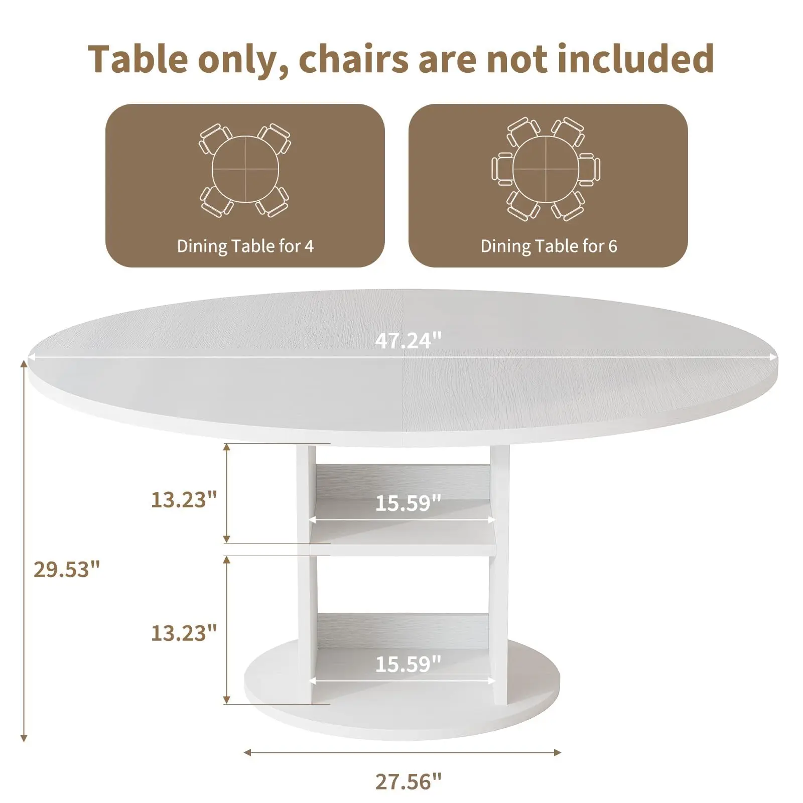 47.24 Inch Round Dining Table for 4-6 People, 2-Tier Under Table Storage Shelf,Circular Kitchen Table for Apartment Dining Room Breakfast Nook